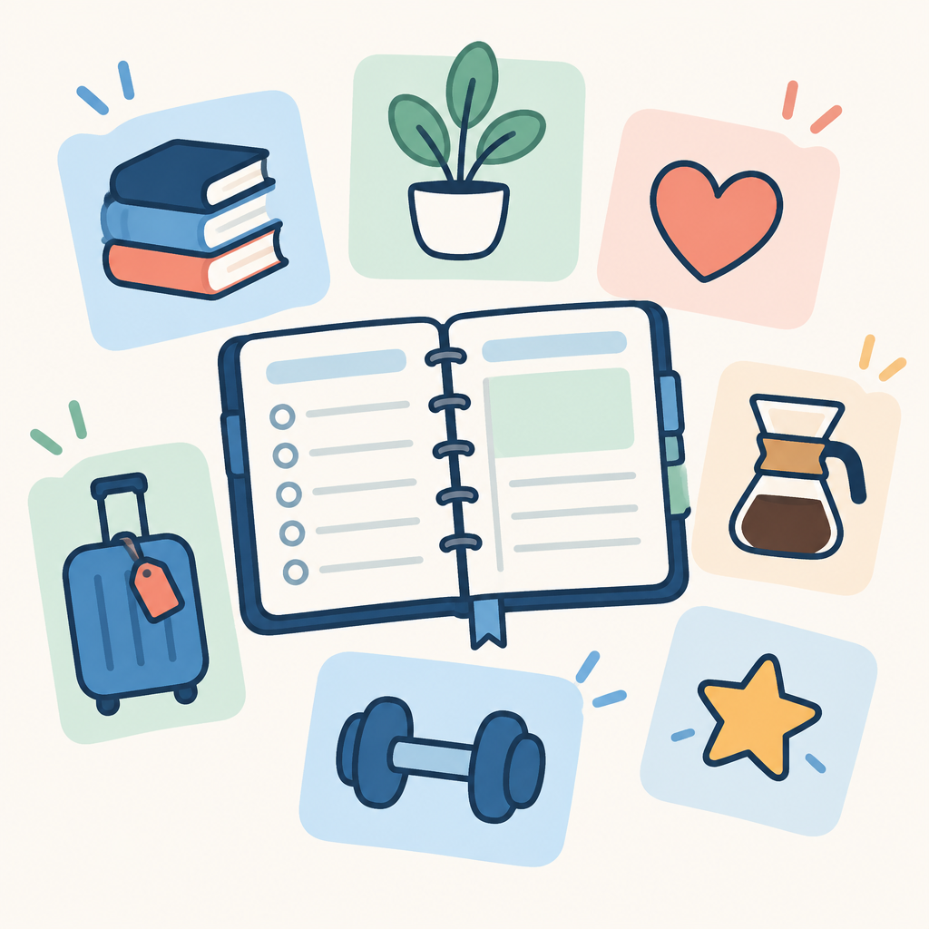 Ilustración con las áreas de milvidas: libros, viajes, salud, cocina, hábitos y tareas